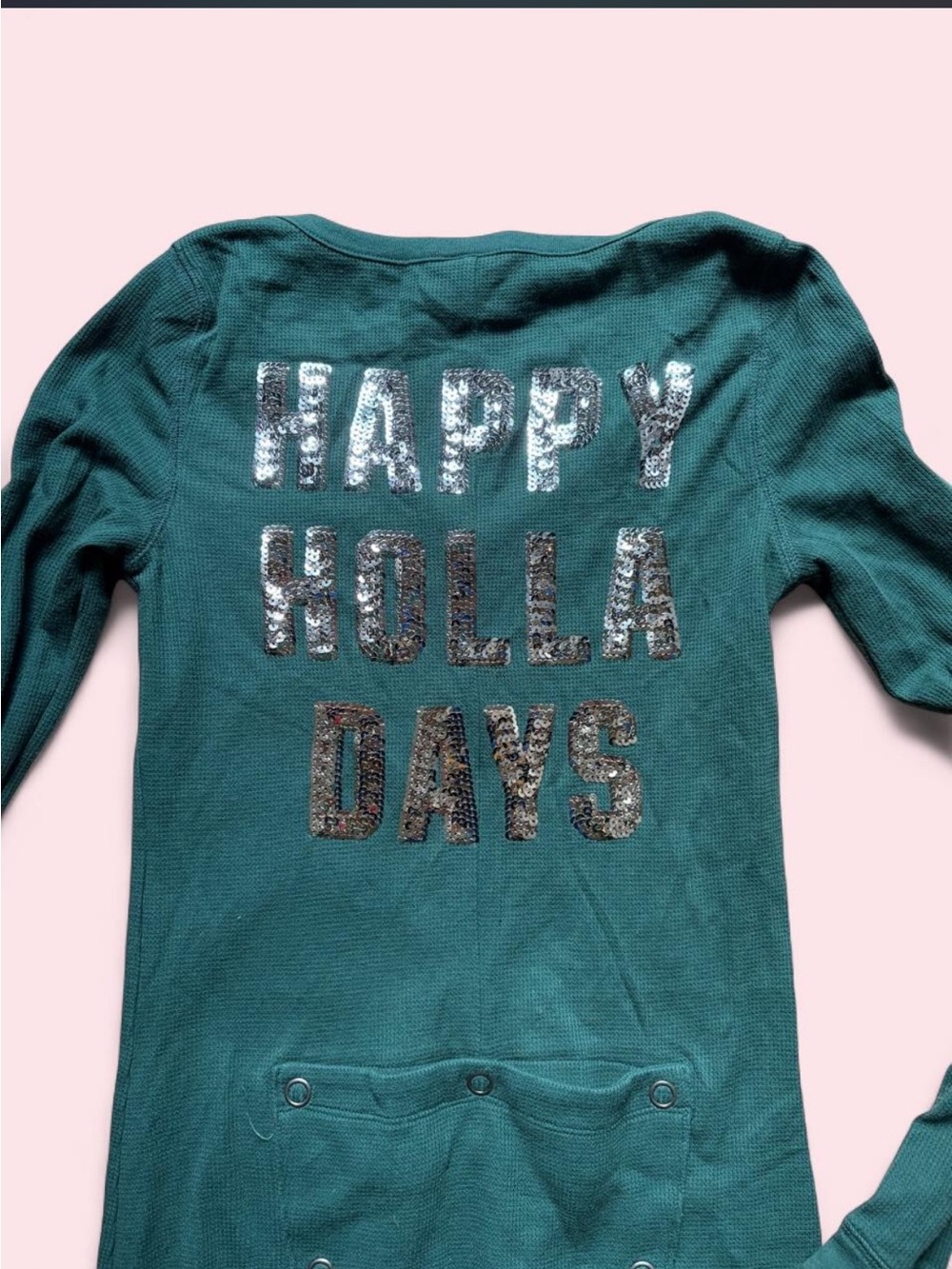 RARE VS PINK Green Sequin Thermal Waffle Knit Holiday Christmas Onesie Jumpsuit - Picture 6 of 6